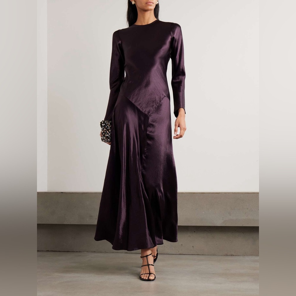 NWOT Lucy Paris Yara hammer satin Long Sleeve bias-cut skirt tailored dress M